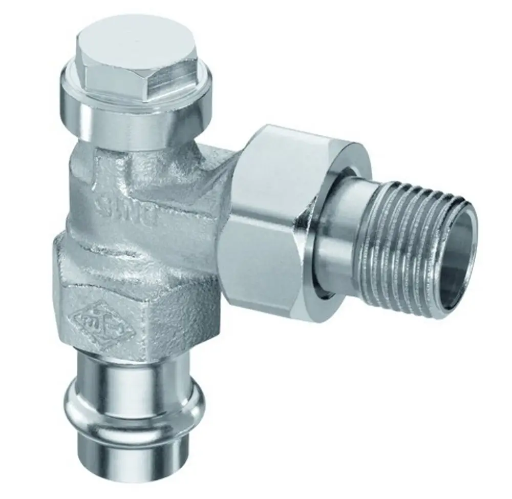 HEIMEIER Verschraubung in Eckform mit Viega Pressanschluss. Das Produkt ist aus Metall und dient der Verbindung von Rohrleitungen in Heizungsinstallationen von IMI Hydronic Engineering.